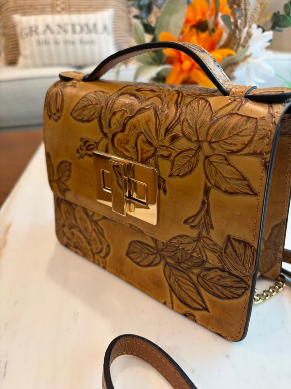Victorinox Floral-Embossed Leather Crossbody Bag in Olive